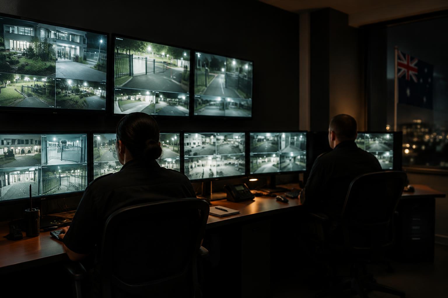 Operators monitoring CCTV feeds in the Australian National Security control room at night